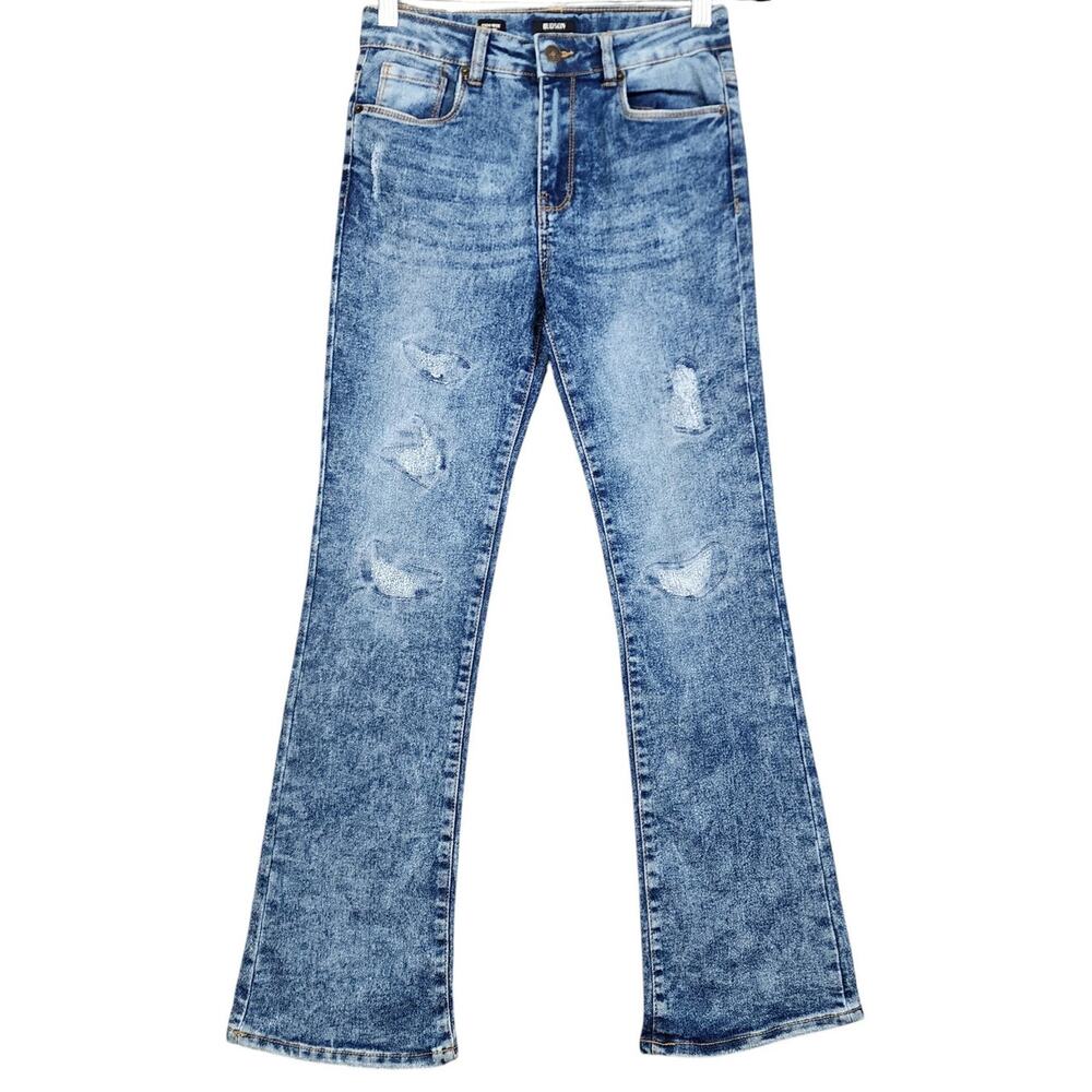 Hudson Girls High‎ Rise Flare Jeans Size 14 Blue Distressed Wash Stretch Denim